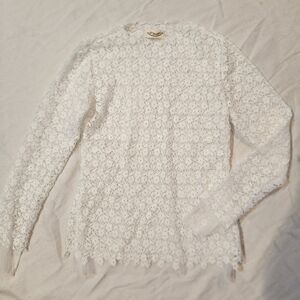 White Lace Long Sleeve Blouse Floral Sheer Small